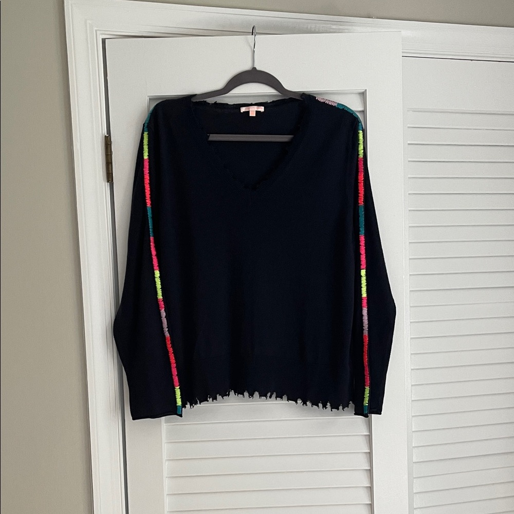 Lisa Todd Dark Blue V-Neck Sweater with Colorful Sleeve Stripes